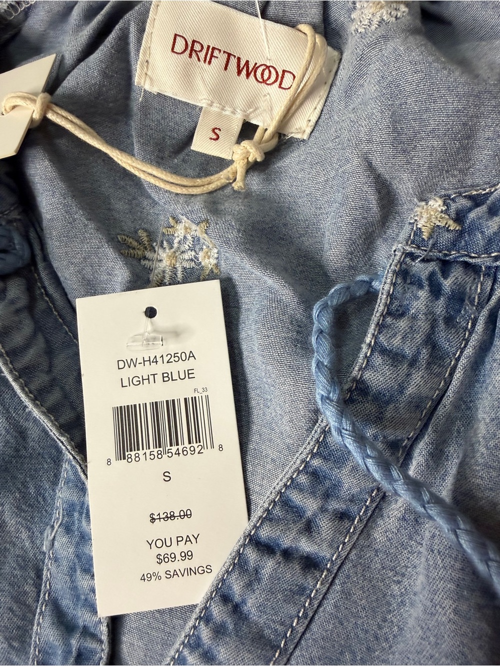 DRIFTWOOD Light Blue Washed Embroidered Peasant Top - Picture 4 of 5